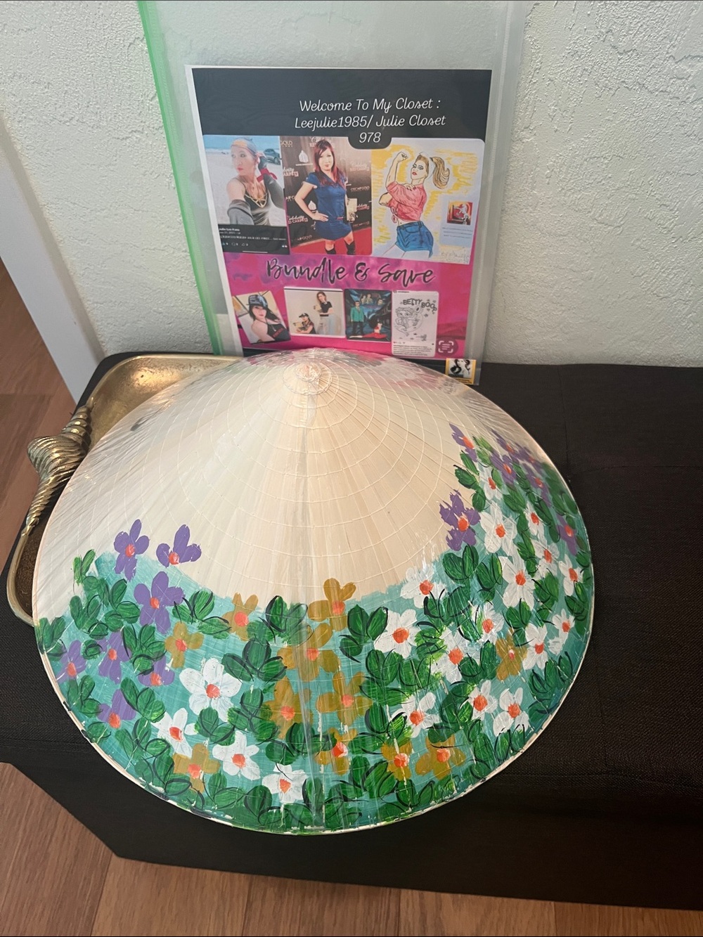 #2004: Hand-Painted Floral Conical Asian Hat - Cream with Green & Purple Accents - Picture 4 of 13